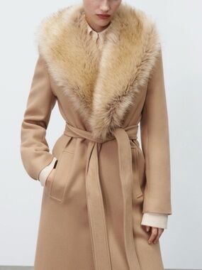 Zara Faux-Fur Trim Coat in Tan